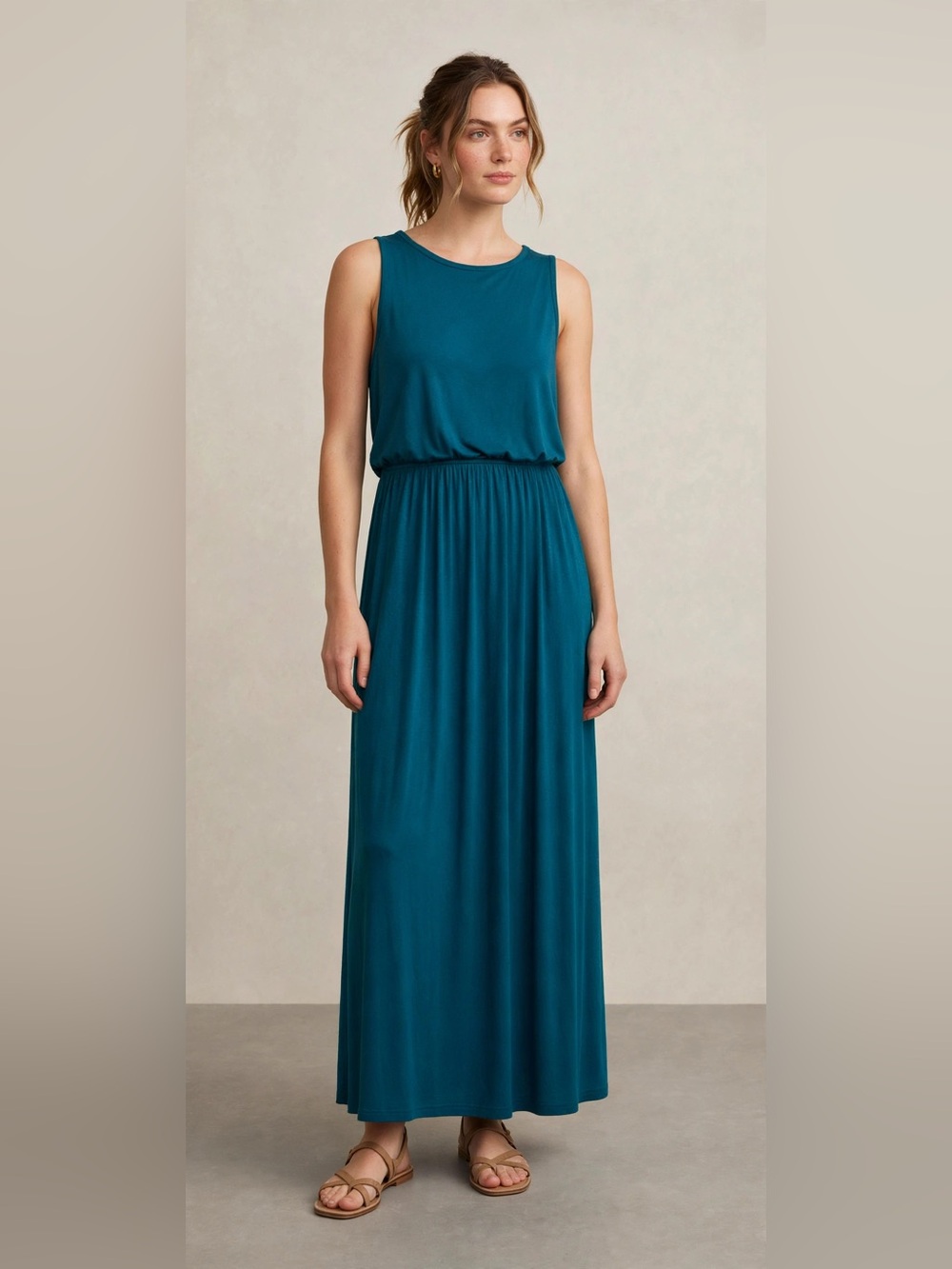BTFBM Teal Sleeveless Maxi Dress Soft Stretch Jersey Gathered Waist Size Small